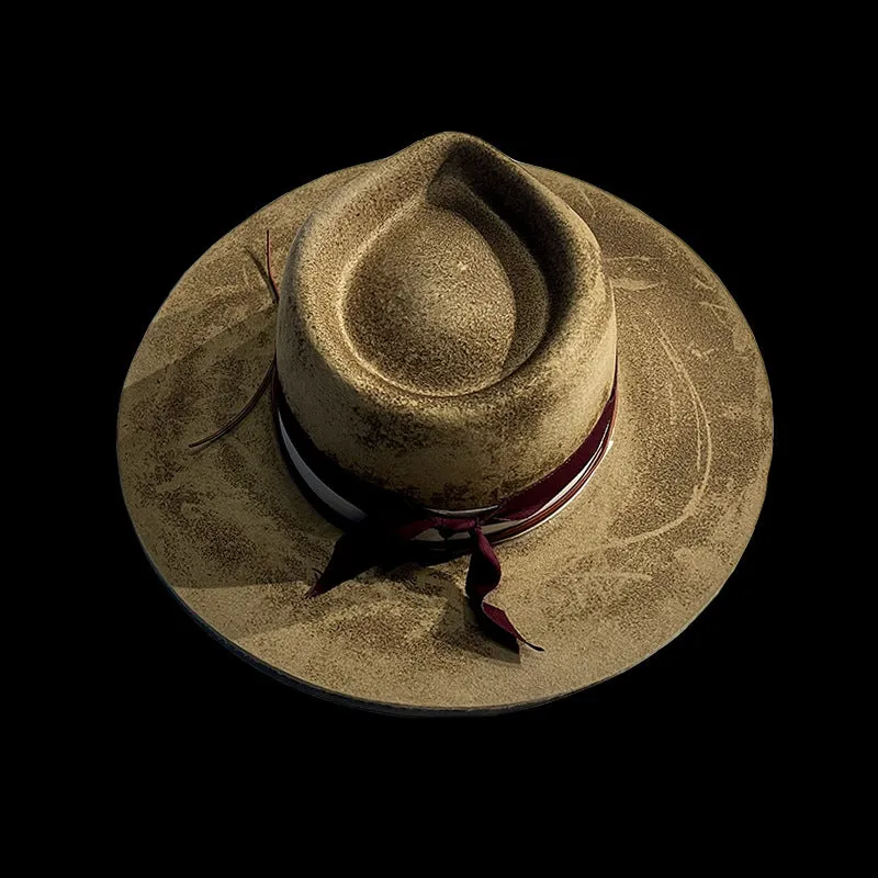 Distressed Fedora with Red Striped Edge